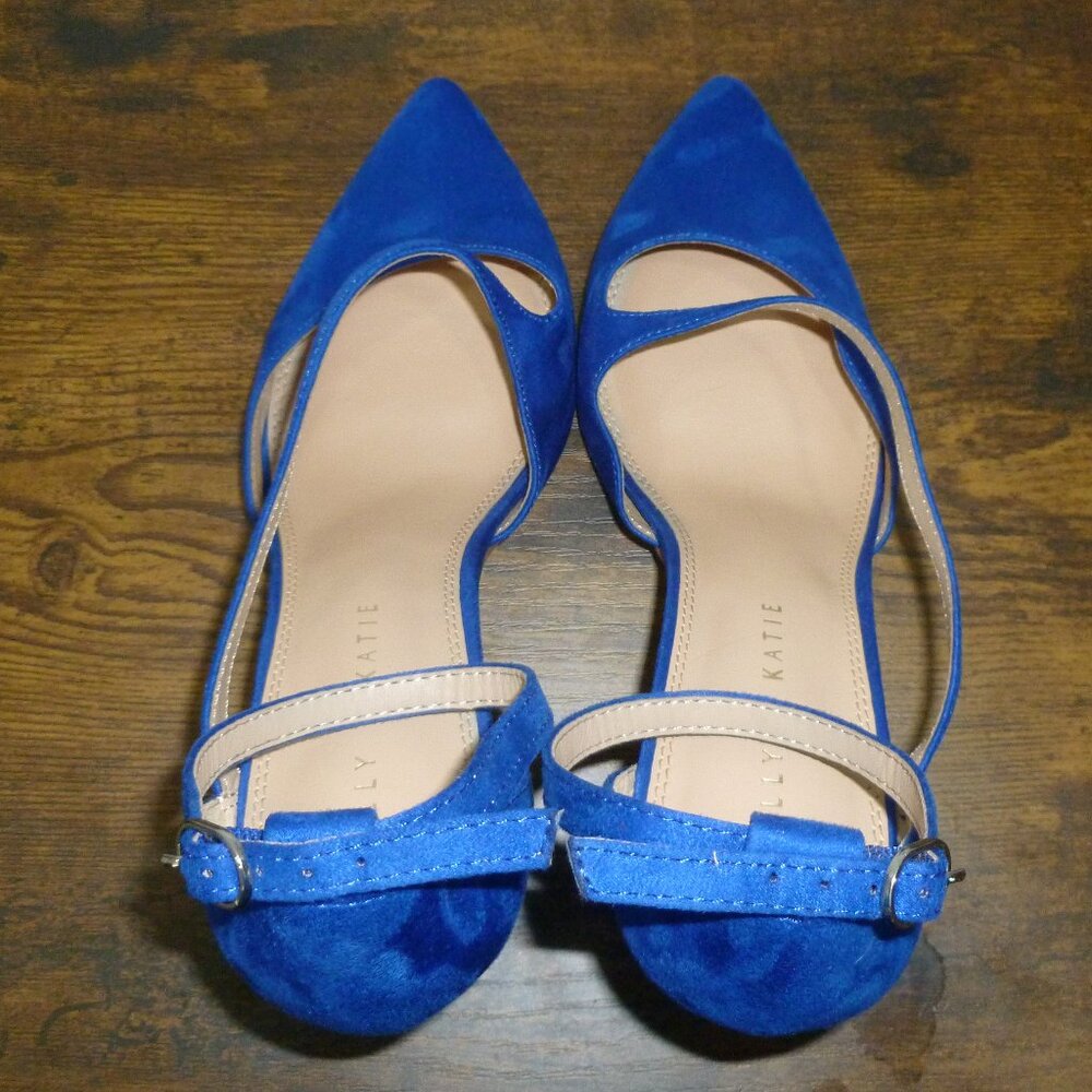 Kelly & Katie Bright Blue Pointed Closed Toe Pumps w/Adjustable Ankle Straps - Picture 2 of 16